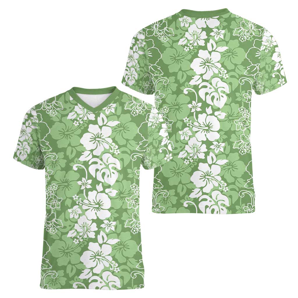 Hawaiian Lei Day Women V-Neck T-Shirt Green Hibiscus Flowers Lei Art LT9 - Polynesian Pride