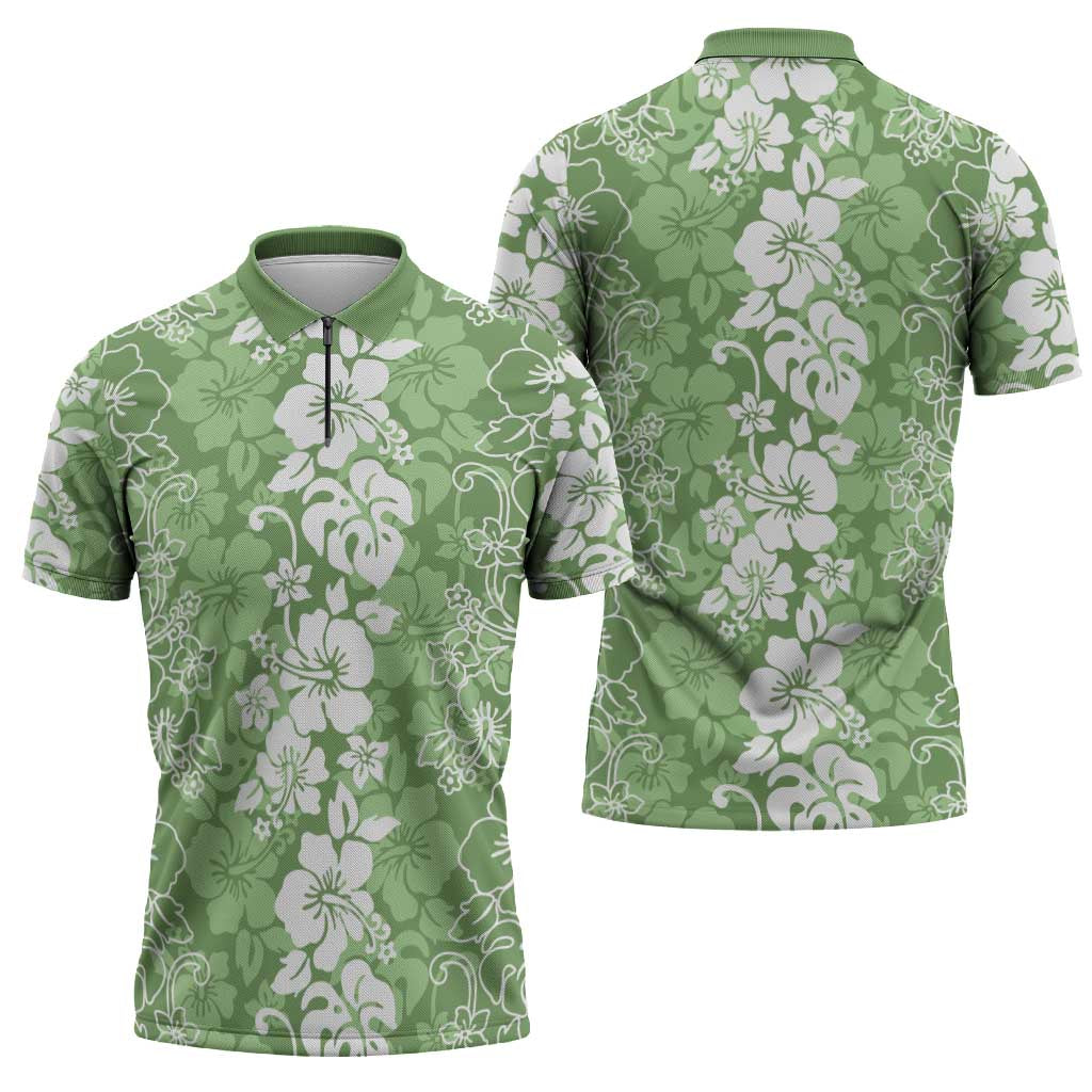 Hawaiian Lei Day Zipper Polo Shirt Green Hibiscus Flowers Lei Art LT9 - Polynesian Pride