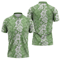 Hawaiian Lei Day Zipper Polo Shirt Green Hibiscus Flowers Lei Art LT9 - Polynesian Pride