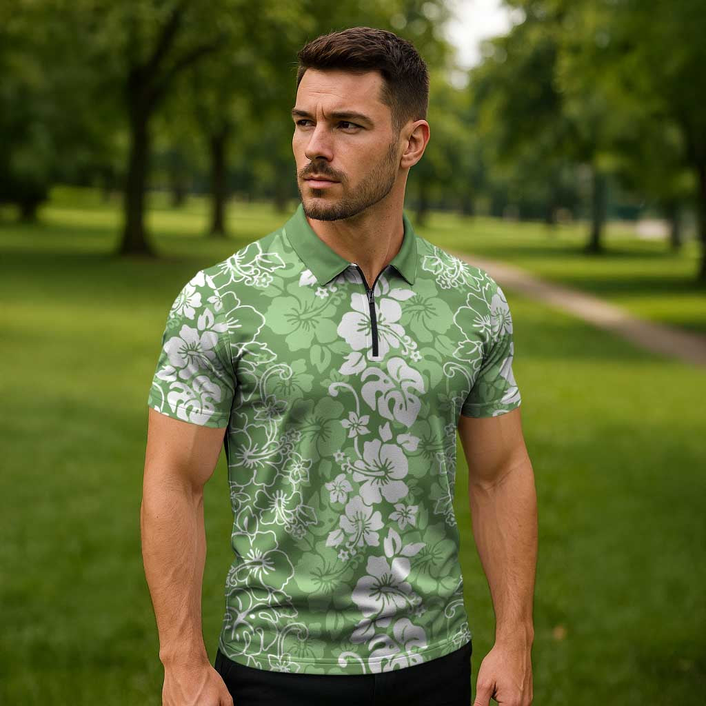 Hawaiian Lei Day Zipper Polo Shirt Green Hibiscus Flowers Lei Art LT9 - Polynesian Pride