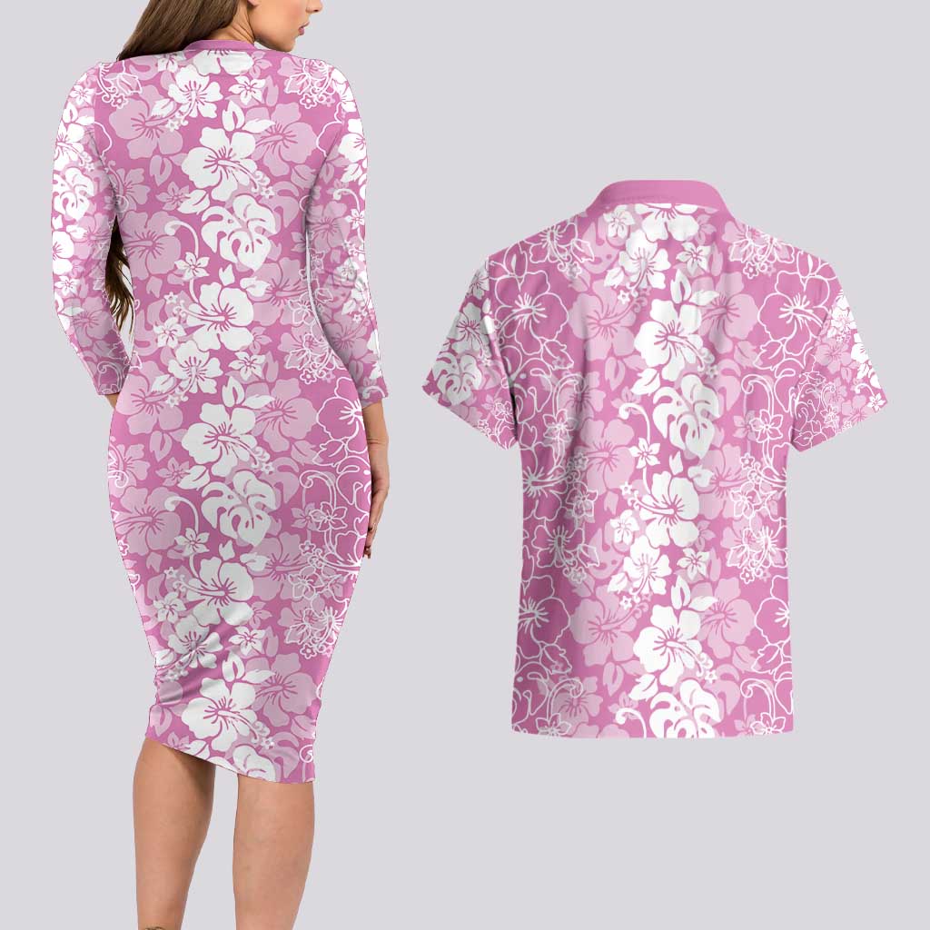 Hawaiian Lei Day Couples Matching Long Sleeve Bodycon Dress and Hawaiian Shirt Pink Hibiscus Flowers Lei Art LT9 - Polynesian Pride