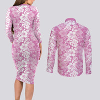 Hawaiian Lei Day Couples Matching Long Sleeve Bodycon Dress and Long Sleeve Button Shirt Pink Hibiscus Flowers Lei Art LT9 - Polynesian Pride
