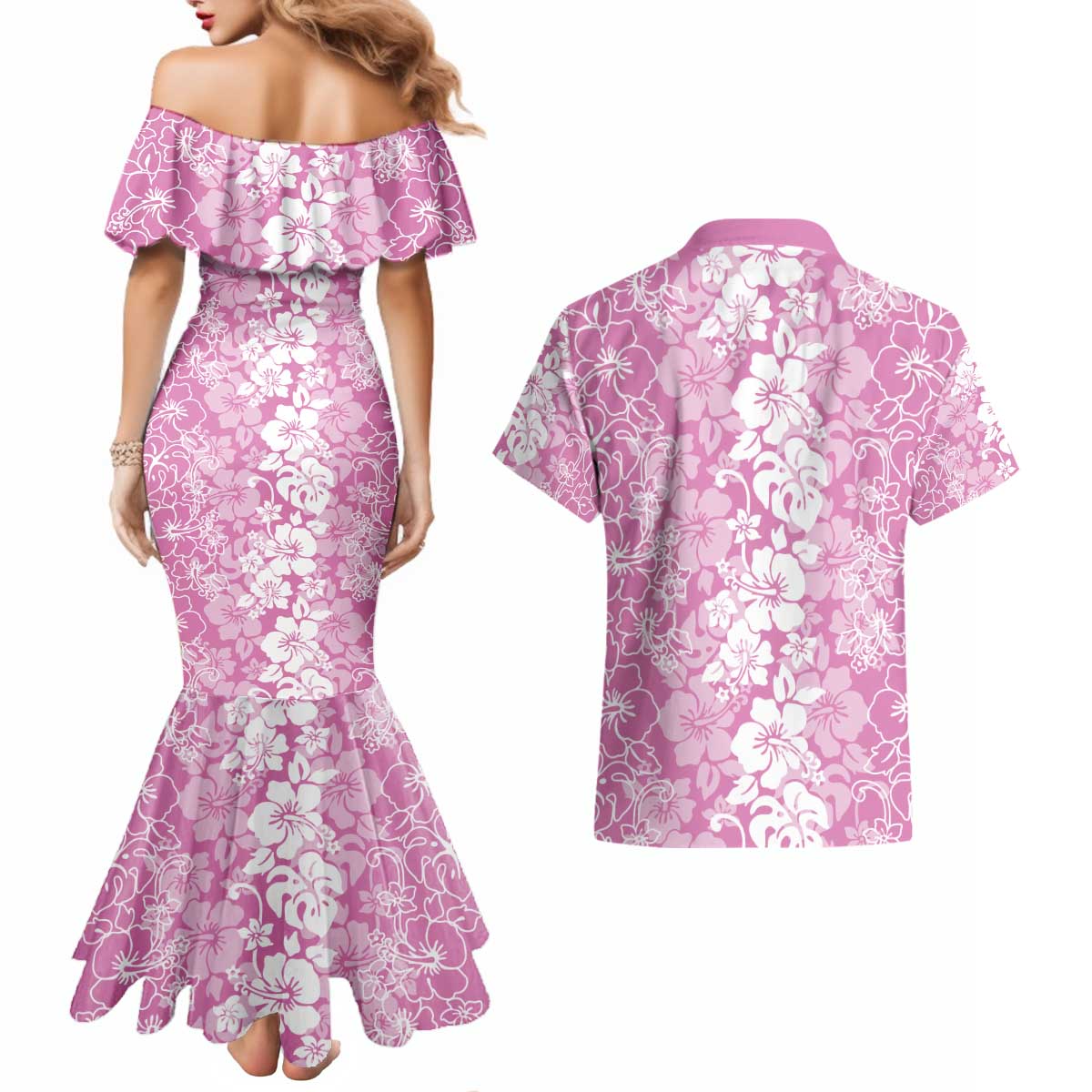 Hawaiian Lei Day Couples Matching Mermaid Dress and Hawaiian Shirt Pink Hibiscus Flowers Lei Art LT9 - Polynesian Pride