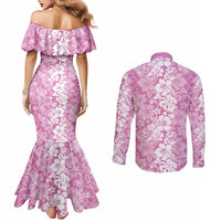Hawaiian Lei Day Couples Matching Mermaid Dress and Long Sleeve Button Shirt Pink Hibiscus Flowers Lei Art LT9 - Polynesian Pride