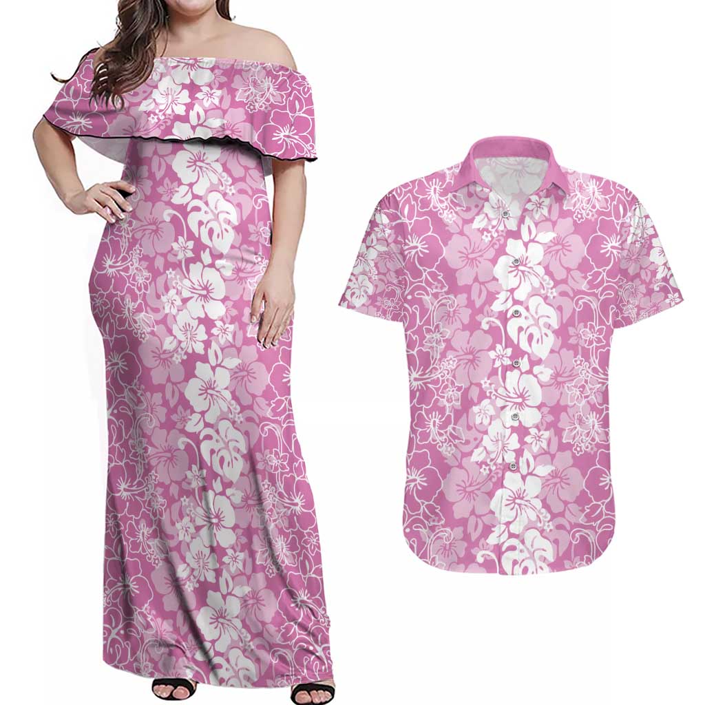 Hawaiian Lei Day Couples Matching Off Shoulder Maxi Dress and Hawaiian Shirt Pink Hibiscus Flowers Lei Art LT9 Pink - Polynesian Pride
