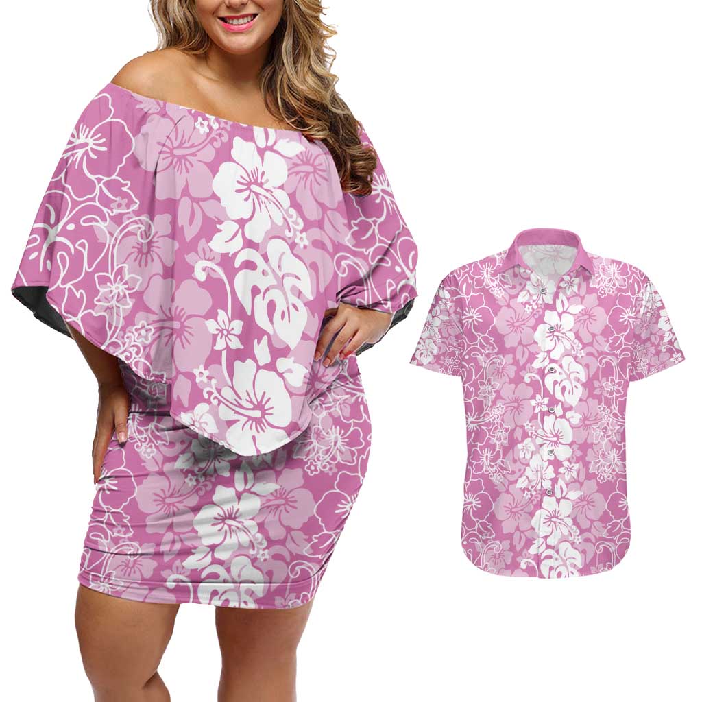 Hawaiian Lei Day Couples Matching Off Shoulder Short Dress and Hawaiian Shirt Pink Hibiscus Flowers Lei Art LT9 Pink - Polynesian Pride