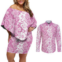 Hawaiian Lei Day Couples Matching Off Shoulder Short Dress and Long Sleeve Button Shirt Pink Hibiscus Flowers Lei Art LT9 Pink - Polynesian Pride