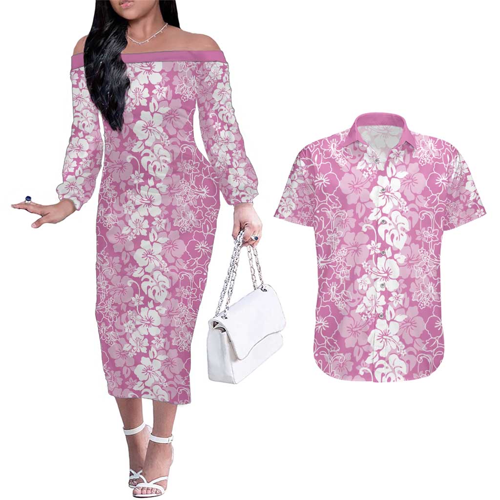 Hawaiian Lei Day Couples Matching Off The Shoulder Long Sleeve Dress and Hawaiian Shirt Pink Hibiscus Flowers Lei Art LT9 Pink - Polynesian Pride