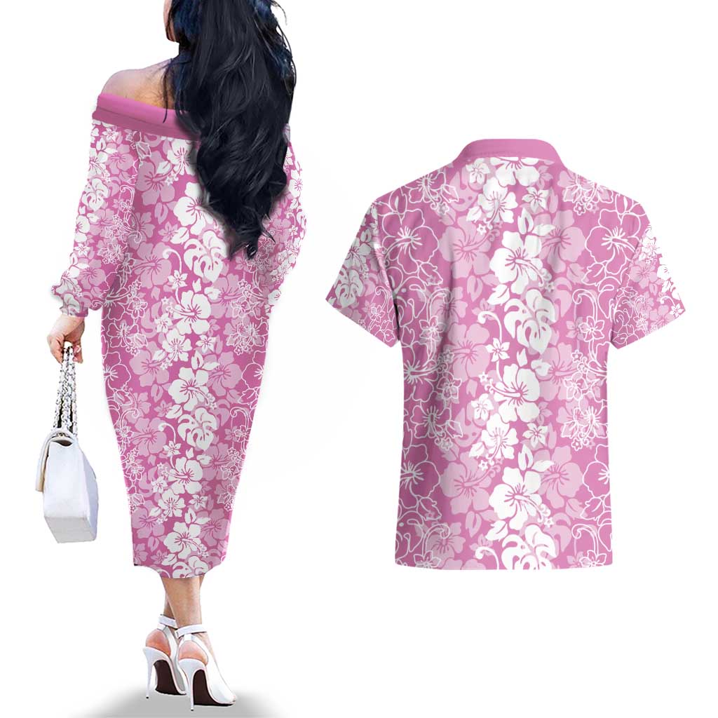 Hawaiian Lei Day Couples Matching Off The Shoulder Long Sleeve Dress and Hawaiian Shirt Pink Hibiscus Flowers Lei Art LT9 - Polynesian Pride