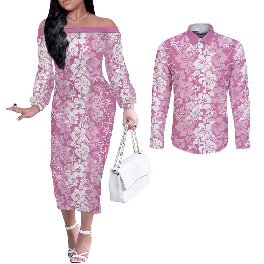 Hawaiian Lei Day Couples Matching Off The Shoulder Long Sleeve Dress and Long Sleeve Button Shirt Pink Hibiscus Flowers Lei Art LT9 Pink - Polynesian Pride