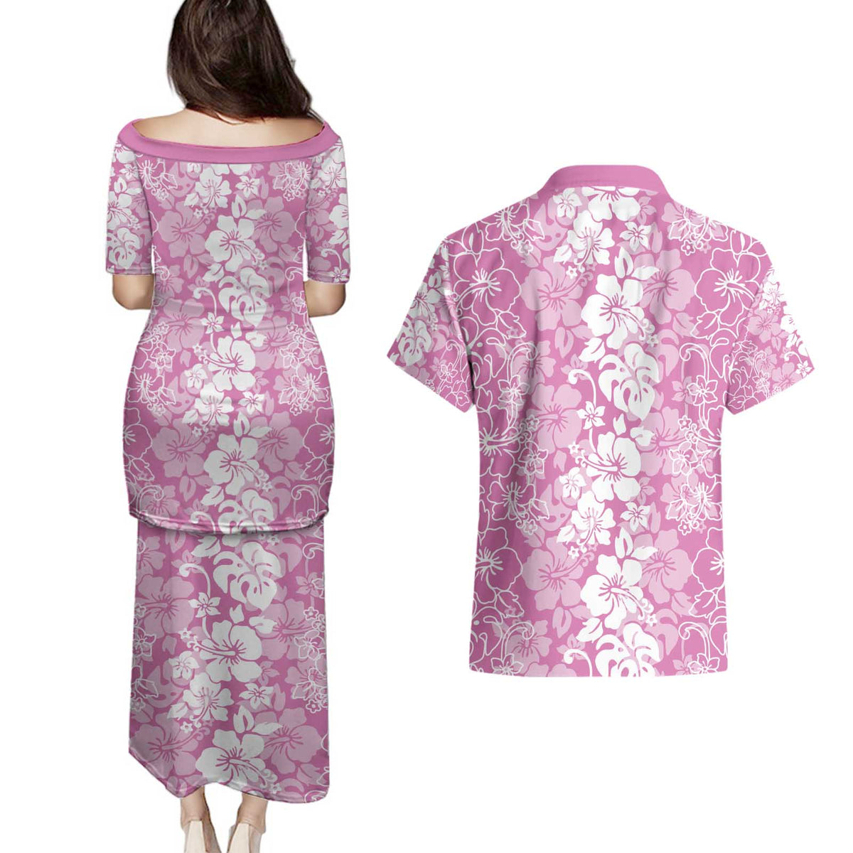 Hawaiian Lei Day Couples Matching Puletasi and Hawaiian Shirt Pink Hibiscus Flowers Lei Art LT9 - Polynesian Pride