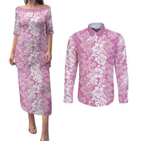 Hawaiian Lei Day Couples Matching Puletasi and Long Sleeve Button Shirt Pink Hibiscus Flowers Lei Art LT9 Pink - Polynesian Pride