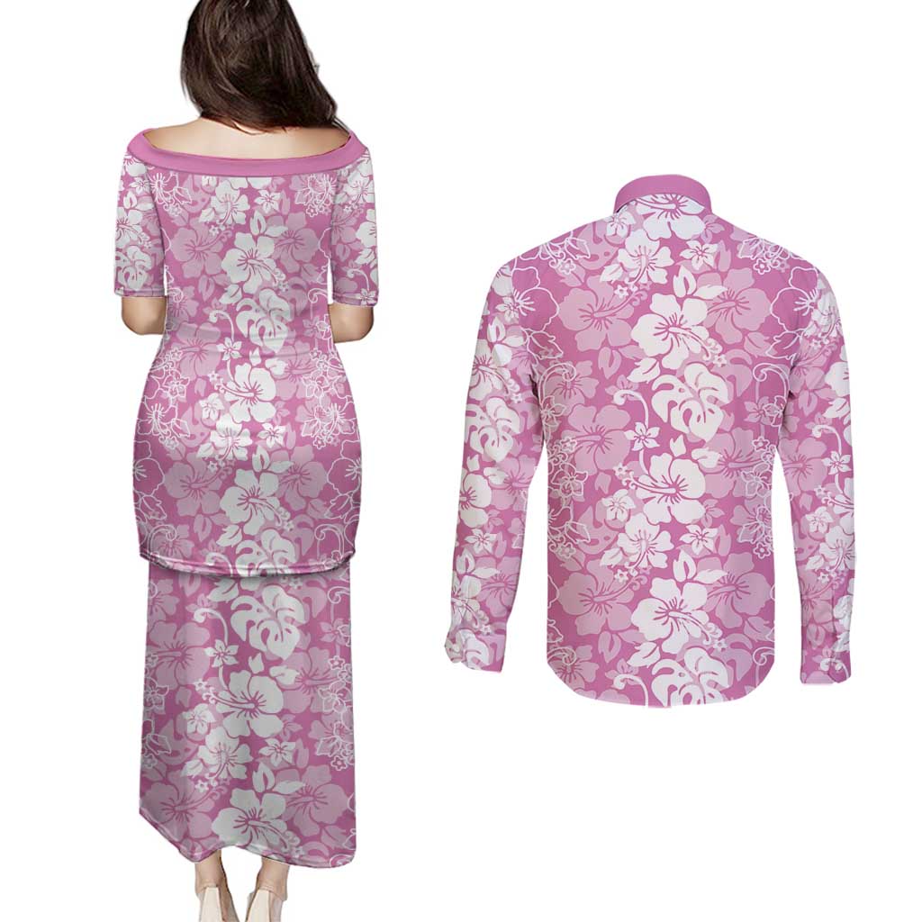 Hawaiian Lei Day Couples Matching Puletasi and Long Sleeve Button Shirt Pink Hibiscus Flowers Lei Art LT9 - Polynesian Pride