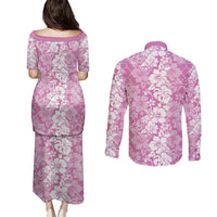 Hawaiian Lei Day Couples Matching Puletasi and Long Sleeve Button Shirt Pink Hibiscus Flowers Lei Art LT9 - Polynesian Pride
