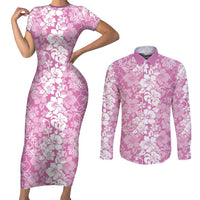 Hawaiian Lei Day Couples Matching Short Sleeve Bodycon Dress and Long Sleeve Button Shirt Pink Hibiscus Flowers Lei Art LT9 Pink - Polynesian Pride