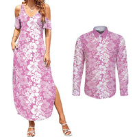 Hawaiian Lei Day Couples Matching Summer Maxi Dress and Long Sleeve Button Shirt Pink Hibiscus Flowers Lei Art LT9 Pink - Polynesian Pride