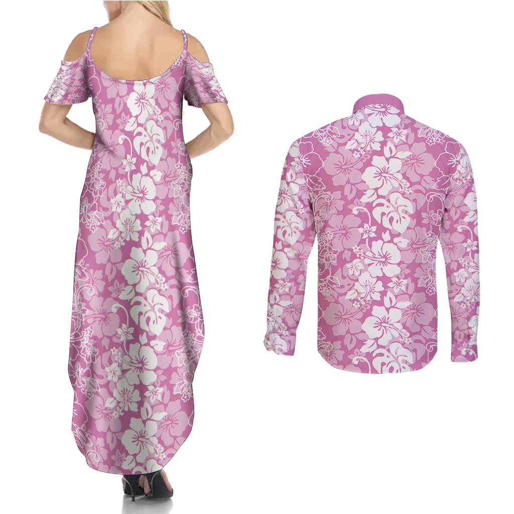 Hawaiian Lei Day Couples Matching Summer Maxi Dress and Long Sleeve Button Shirt Pink Hibiscus Flowers Lei Art LT9 - Polynesian Pride