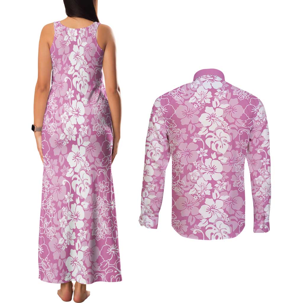 Hawaiian Lei Day Couples Matching Tank Maxi Dress and Long Sleeve Button Shirt Pink Hibiscus Flowers Lei Art LT9 - Polynesian Pride