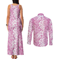 Hawaiian Lei Day Couples Matching Tank Maxi Dress and Long Sleeve Button Shirt Pink Hibiscus Flowers Lei Art LT9 - Polynesian Pride