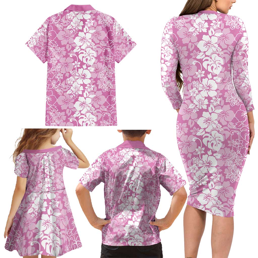 Hawaiian Lei Day Family Matching Long Sleeve Bodycon Dress and Hawaiian Shirt Pink Hibiscus Flowers Lei Art LT9 - Polynesian Pride