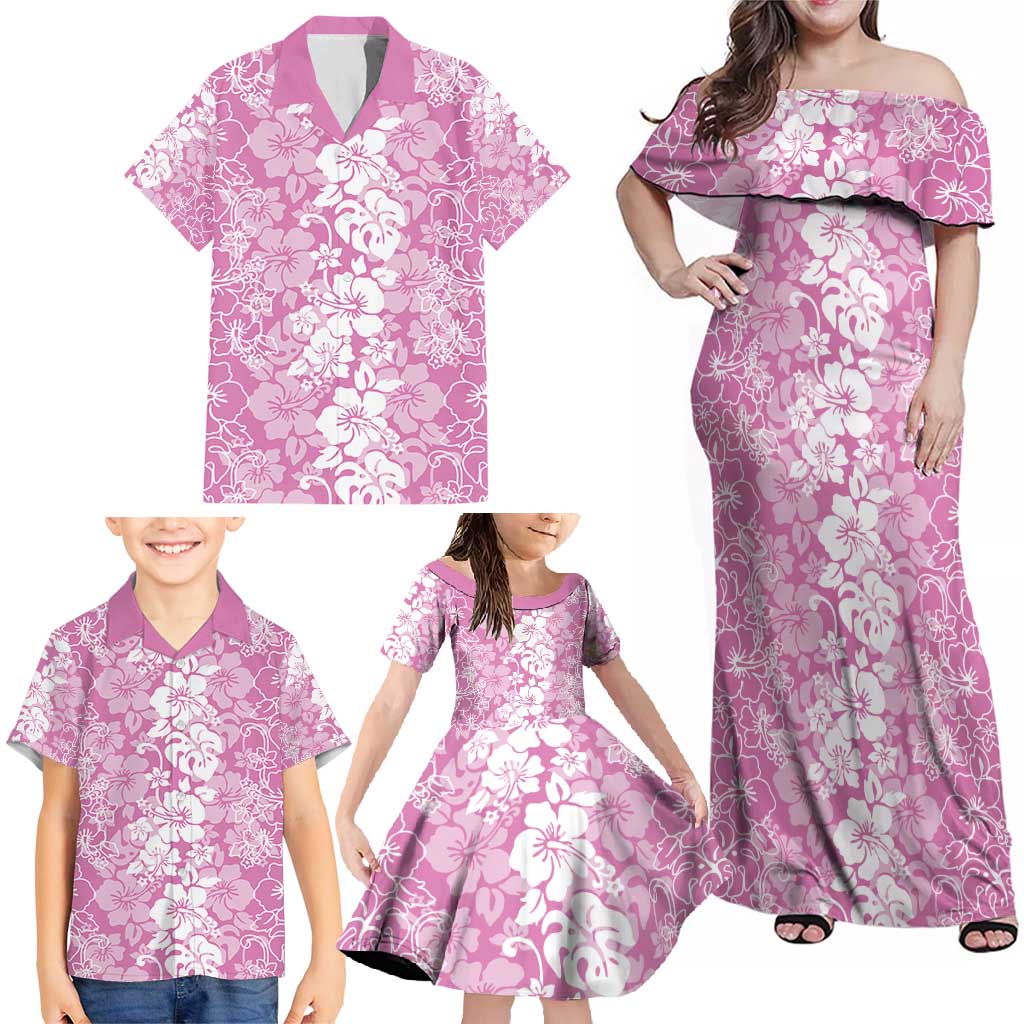 Hawaiian Lei Day Family Matching Off Shoulder Maxi Dress and Hawaiian Shirt Pink Hibiscus Flowers Lei Art LT9 - Polynesian Pride