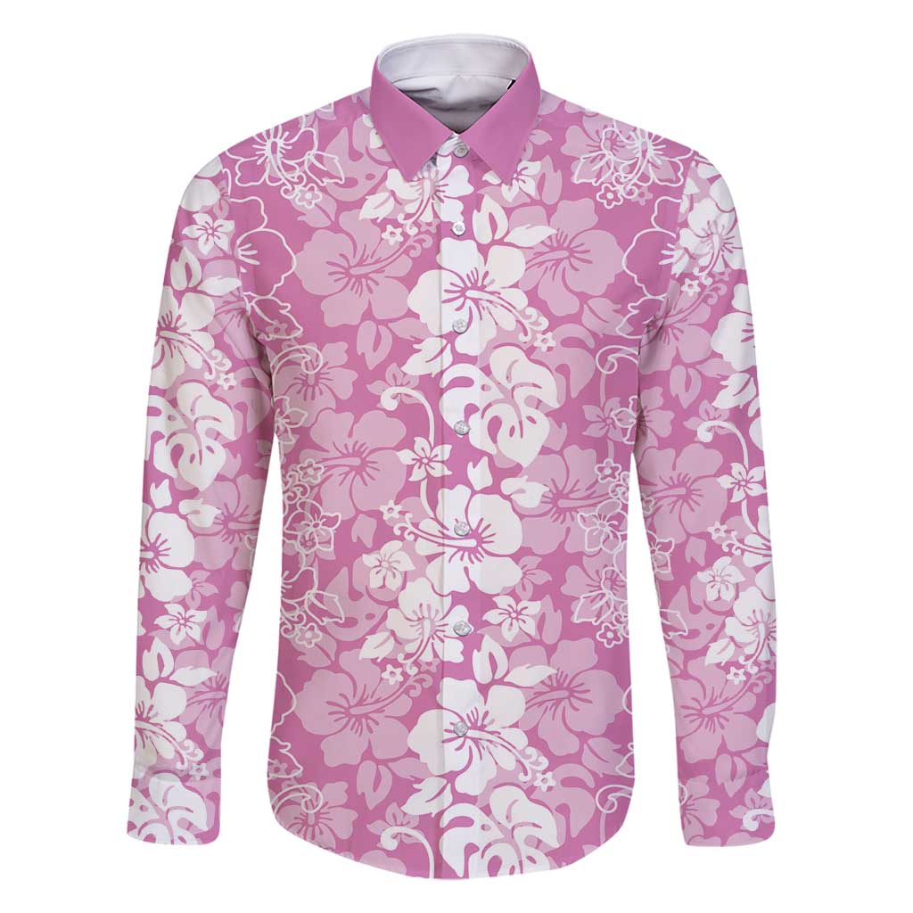 Hawaiian Lei Day Family Matching Off Shoulder Maxi Dress and Hawaiian Shirt Pink Hibiscus Flowers Lei Art LT9 Dad's Shirt - Long Sleeve Pink - Polynesian Pride