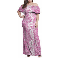 Hawaiian Lei Day Family Matching Off Shoulder Maxi Dress and Hawaiian Shirt Pink Hibiscus Flowers Lei Art LT9 Mom's Dress Pink - Polynesian Pride