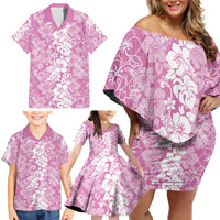 Hawaiian Lei Day Family Matching Off Shoulder Short Dress and Hawaiian Shirt Pink Hibiscus Flowers Lei Art LT9 - Polynesian Pride