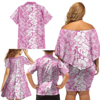 Hawaiian Lei Day Family Matching Off Shoulder Short Dress and Hawaiian Shirt Pink Hibiscus Flowers Lei Art LT9 - Polynesian Pride