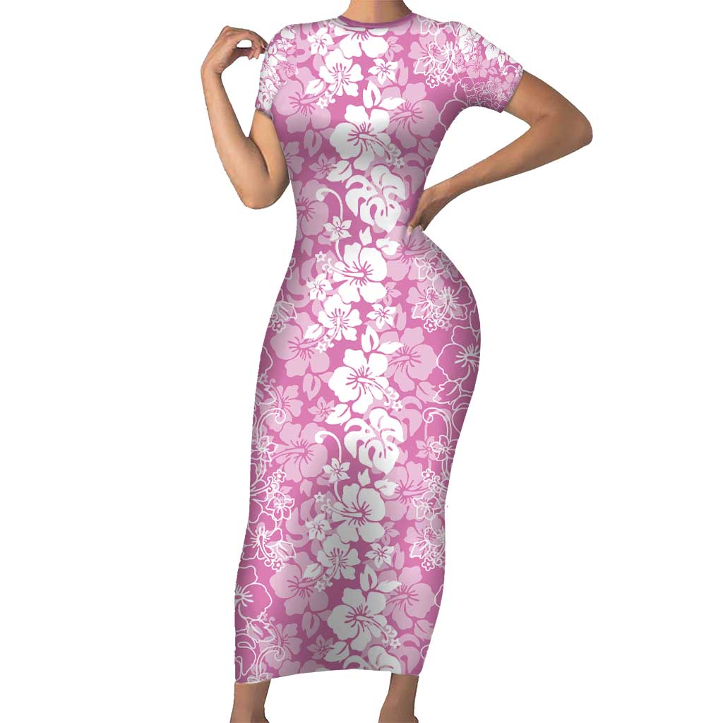 Hawaiian Lei Day Family Matching Short Sleeve Bodycon Dress and Hawaiian Shirt Pink Hibiscus Flowers Lei Art LT9 Mom's Dress Pink - Polynesian Pride