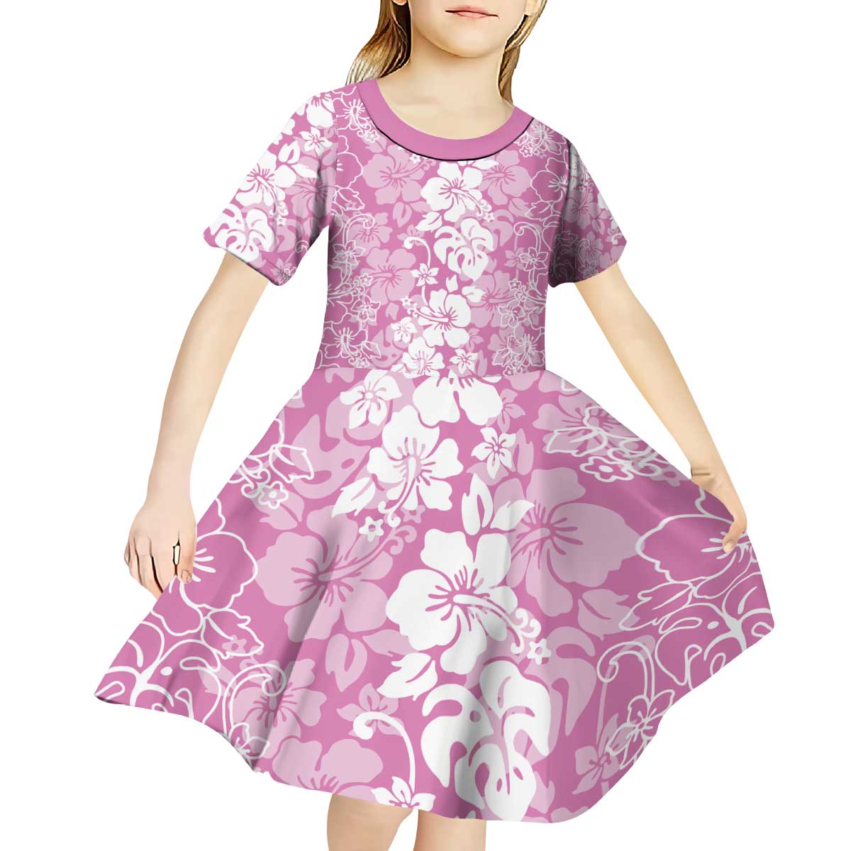 Hawaiian Lei Day Kid Short Sleeve Dress Pink Hibiscus Flowers Lei Art