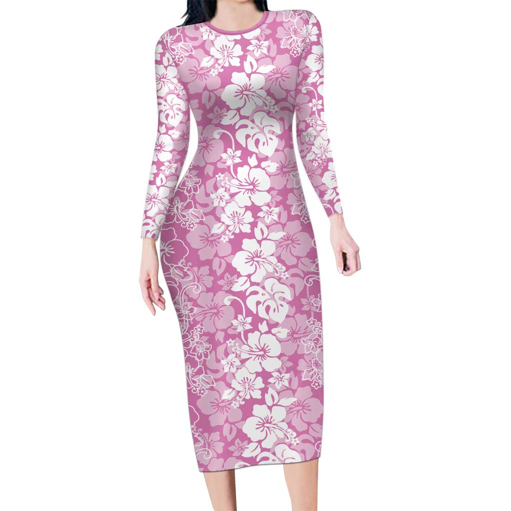 Hawaiian Lei Day Long Sleeve Bodycon Dress Pink Hibiscus Flowers Lei Art LT9 Long Dress Pink - Polynesian Pride
