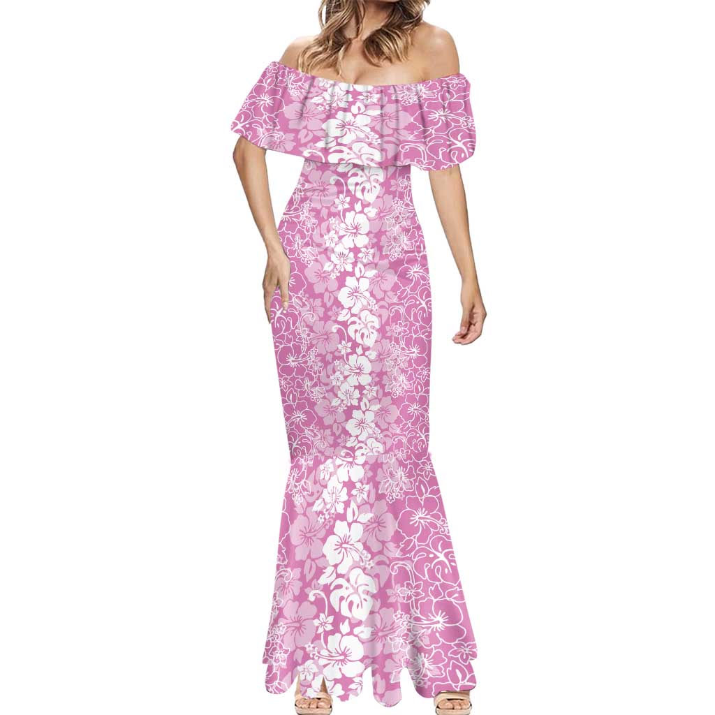 Hawaiian Lei Day Mermaid Dress Pink Hibiscus Flowers Lei Art