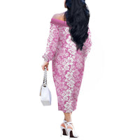 Hawaiian Lei Day Off The Shoulder Long Sleeve Dress Pink Hibiscus Flowers Lei Art LT9 - Polynesian Pride