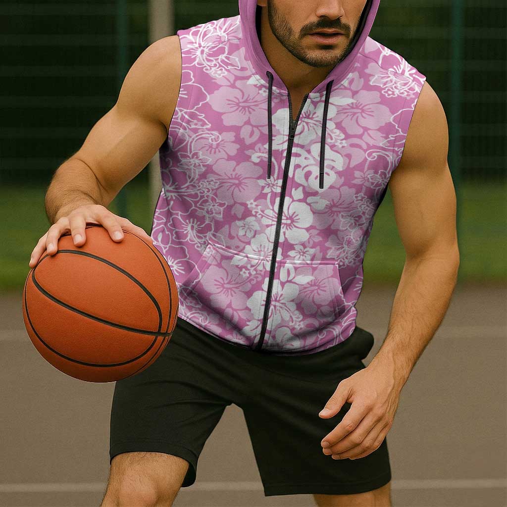 Hawaiian Lei Day Sleeveless Zip Hoodie Pink Hibiscus Flowers Lei Art LT9 - Polynesian Pride