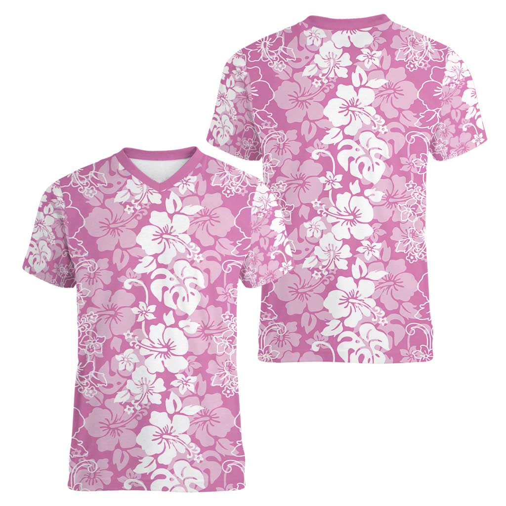 Hawaiian Lei Day Women V-Neck T-Shirt Pink Hibiscus Flowers Lei Art LT9 - Polynesian Pride