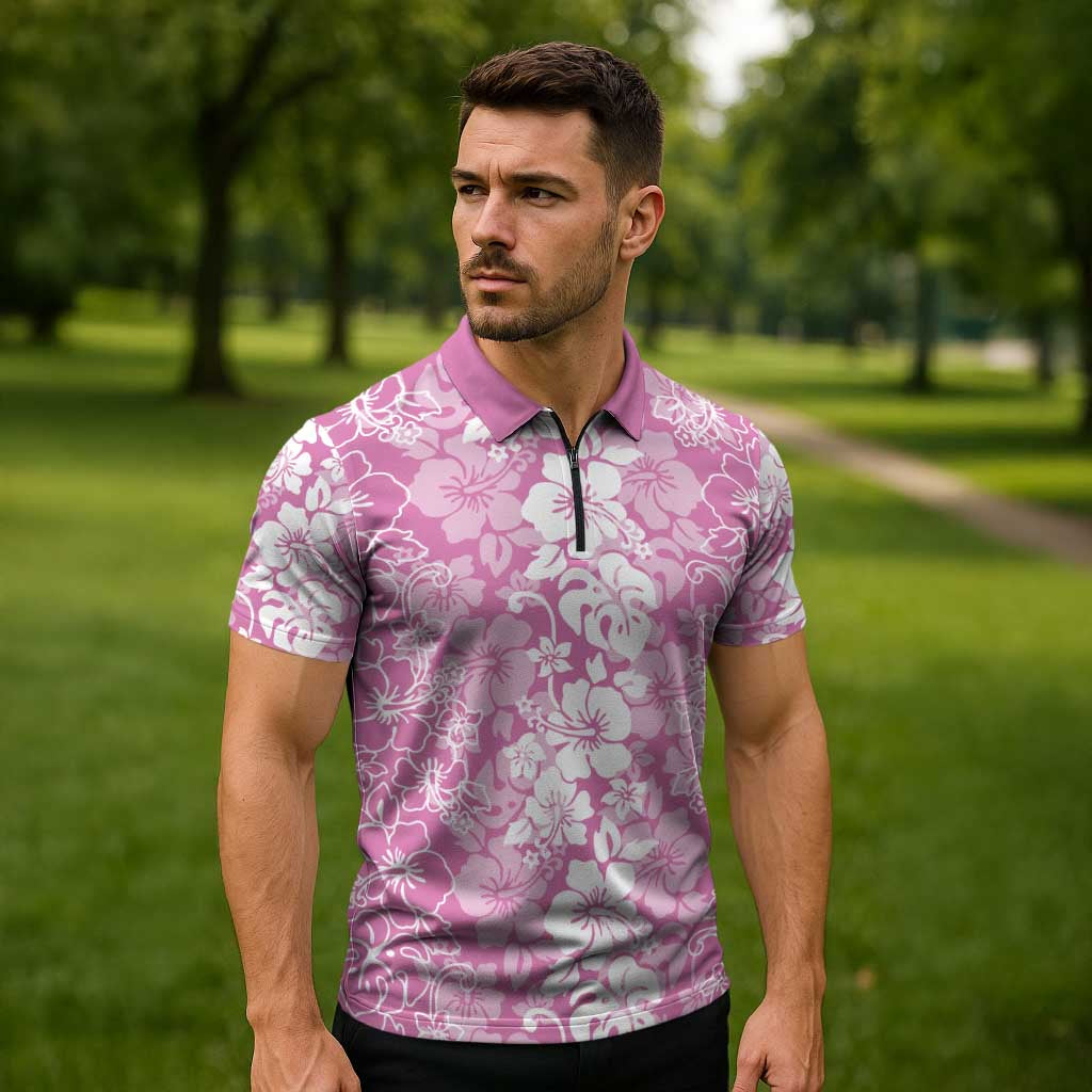 Hawaiian Lei Day Zipper Polo Shirt Pink Hibiscus Flowers Lei Art - Polynesian Pride