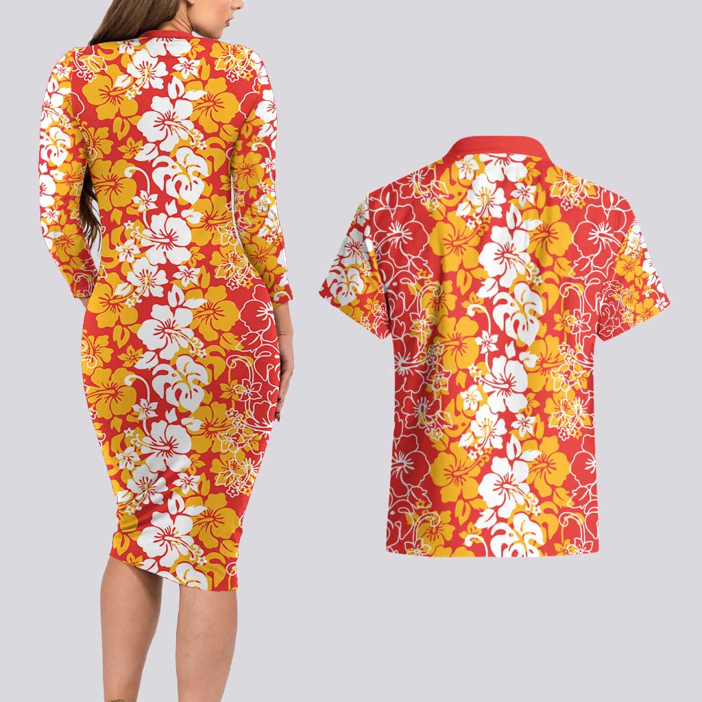Hawaiian Lei Day Couples Matching Long Sleeve Bodycon Dress and Hawaiian Shirt Red Hibiscus Flowers Lei Art LT9 - Polynesian Pride