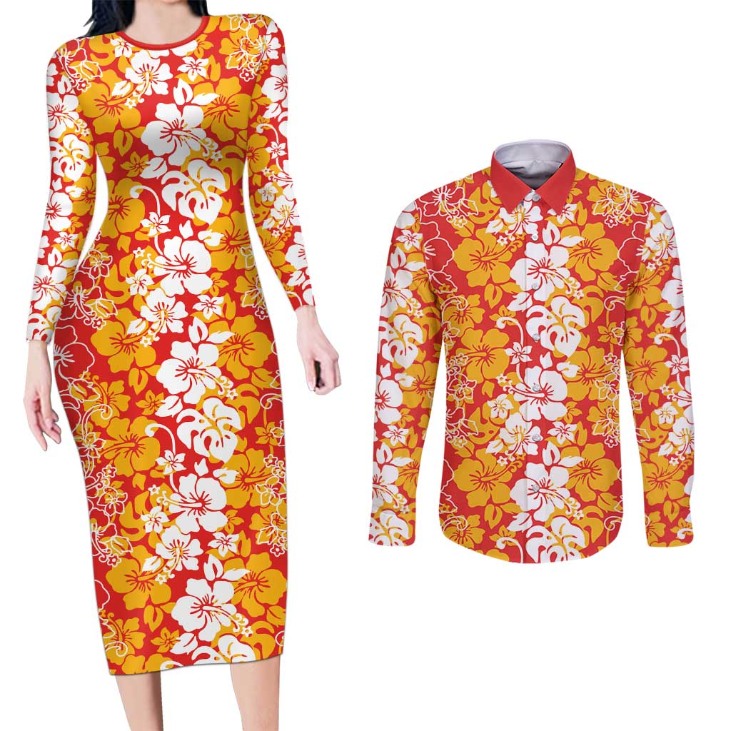 Hawaiian Lei Day Couples Matching Long Sleeve Bodycon Dress and Long Sleeve Button Shirt Red Hibiscus Flowers Lei Art LT9 Red - Polynesian Pride