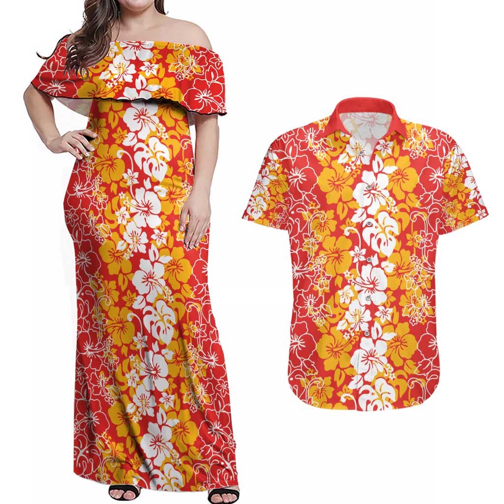 Hawaiian Lei Day Couples Matching Off Shoulder Maxi Dress and Hawaiian Shirt Red Hibiscus Flowers Lei Art LT9 Red - Polynesian Pride
