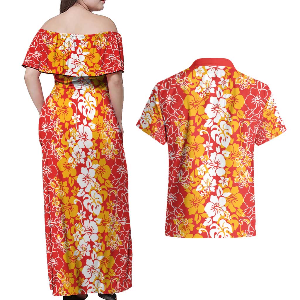 Hawaiian Lei Day Couples Matching Off Shoulder Maxi Dress and Hawaiian Shirt Red Hibiscus Flowers Lei Art LT9 - Polynesian Pride