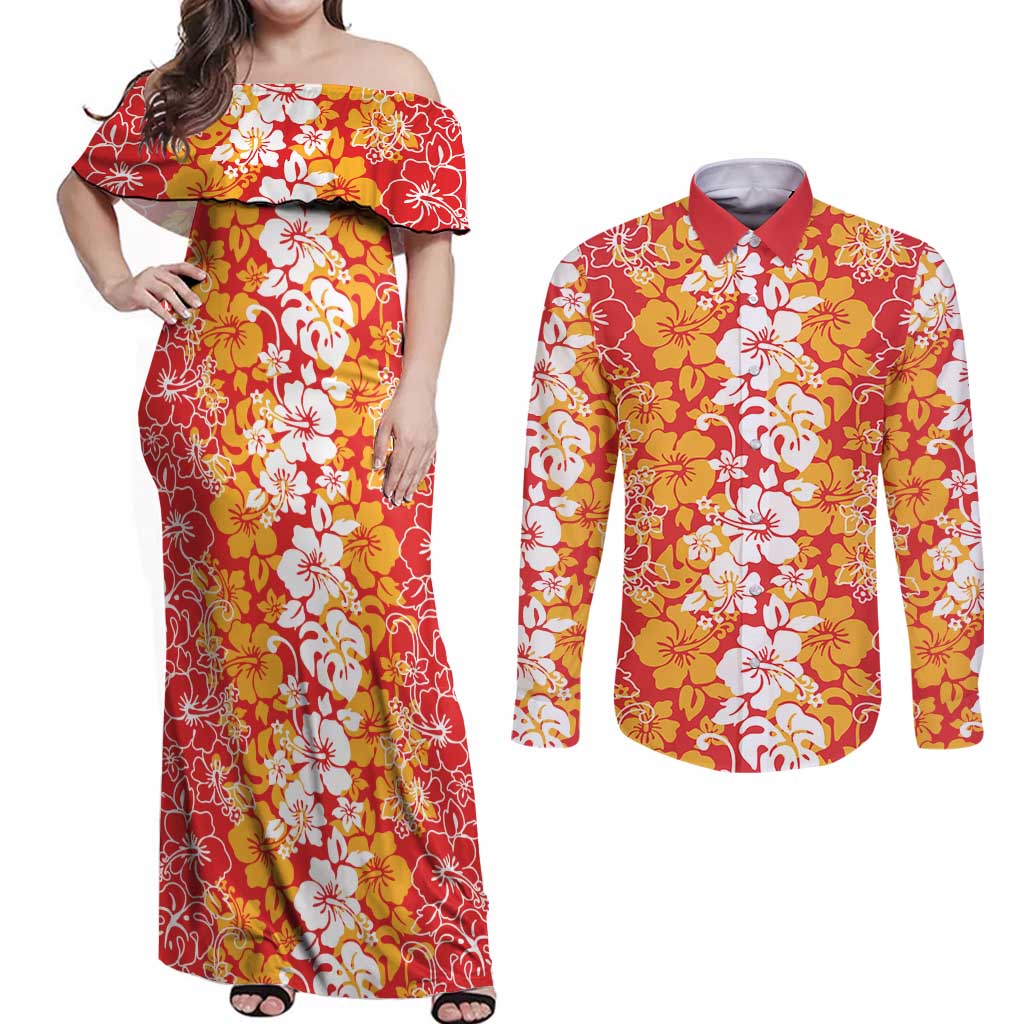 Hawaiian Lei Day Couples Matching Off Shoulder Maxi Dress and Long Sleeve Button Shirt Red Hibiscus Flowers Lei Art LT9 Red - Polynesian Pride