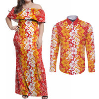 Hawaiian Lei Day Couples Matching Off Shoulder Maxi Dress and Long Sleeve Button Shirt Red Hibiscus Flowers Lei Art LT9 Red - Polynesian Pride