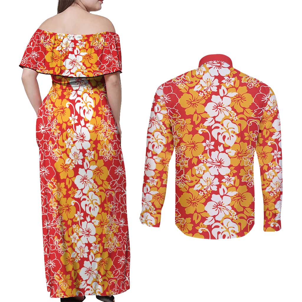 Hawaiian Lei Day Couples Matching Off Shoulder Maxi Dress and Long Sleeve Button Shirt Red Hibiscus Flowers Lei Art LT9 - Polynesian Pride