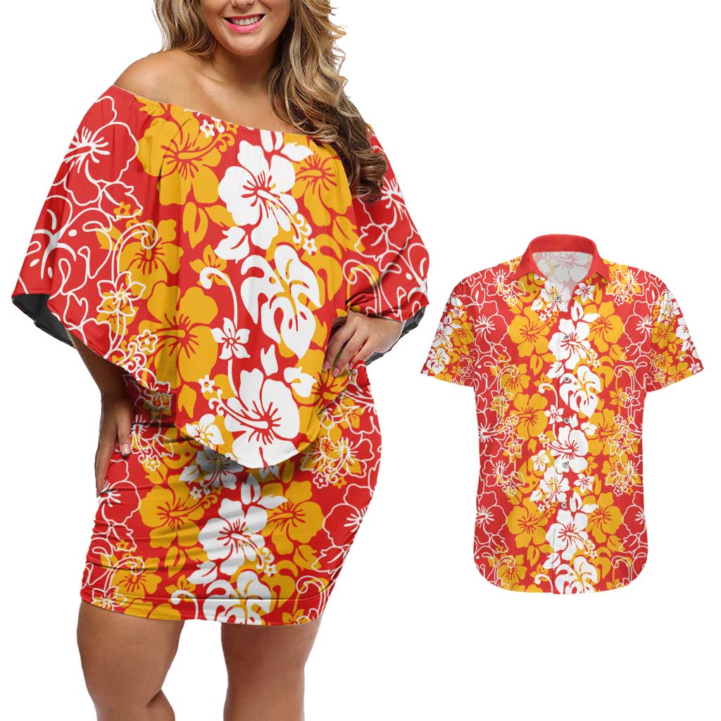 Hawaiian Lei Day Couples Matching Off Shoulder Short Dress and Hawaiian Shirt Red Hibiscus Flowers Lei Art LT9 Red - Polynesian Pride