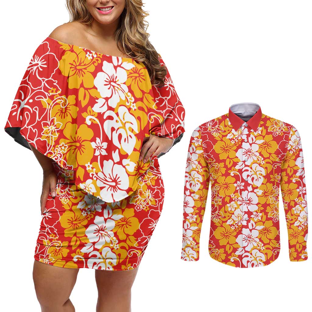 Hawaiian Lei Day Couples Matching Off Shoulder Short Dress and Long Sleeve Button Shirt Red Hibiscus Flowers Lei Art LT9 Red - Polynesian Pride