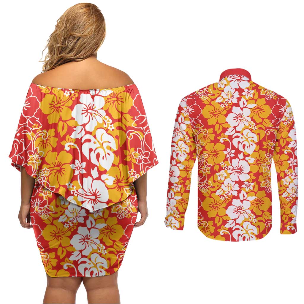 Hawaiian Lei Day Couples Matching Off Shoulder Short Dress and Long Sleeve Button Shirt Red Hibiscus Flowers Lei Art LT9 - Polynesian Pride
