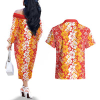 Hawaiian Lei Day Couples Matching Off The Shoulder Long Sleeve Dress and Hawaiian Shirt Red Hibiscus Flowers Lei Art LT9 - Polynesian Pride
