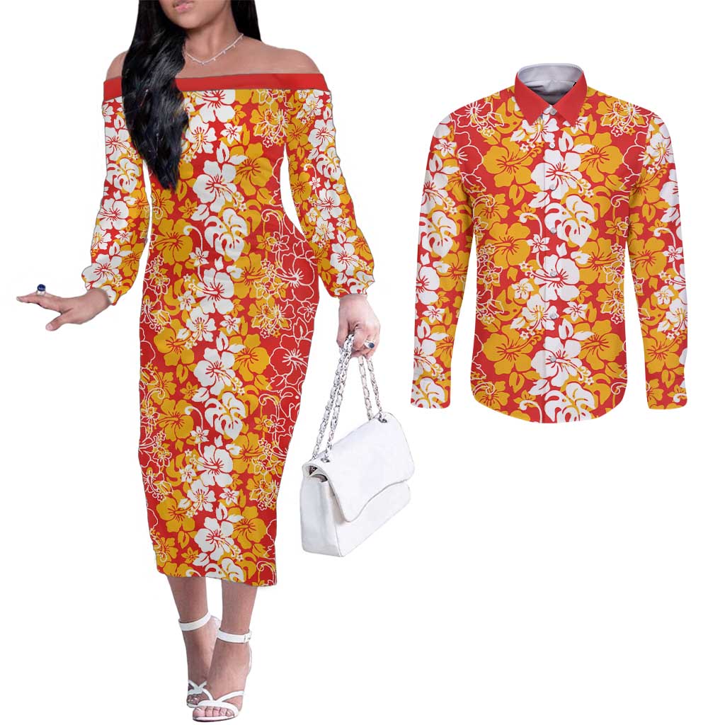Hawaiian Lei Day Couples Matching Off The Shoulder Long Sleeve Dress and Long Sleeve Button Shirt Red Hibiscus Flowers Lei Art LT9 Red - Polynesian Pride