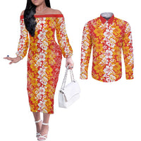 Hawaiian Lei Day Couples Matching Off The Shoulder Long Sleeve Dress and Long Sleeve Button Shirt Red Hibiscus Flowers Lei Art LT9 Red - Polynesian Pride
